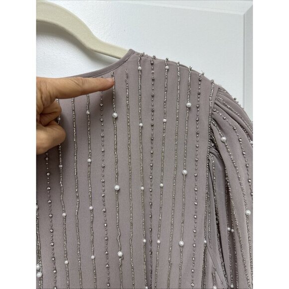 New MAC DUGGAL Size 18 Purple 93622  Puff Long Sleeve Beaded Midi Cocktail Dress - Picture 10 of 12